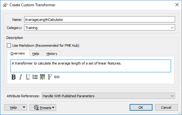 Filling out the Create Custom Transformer dialog